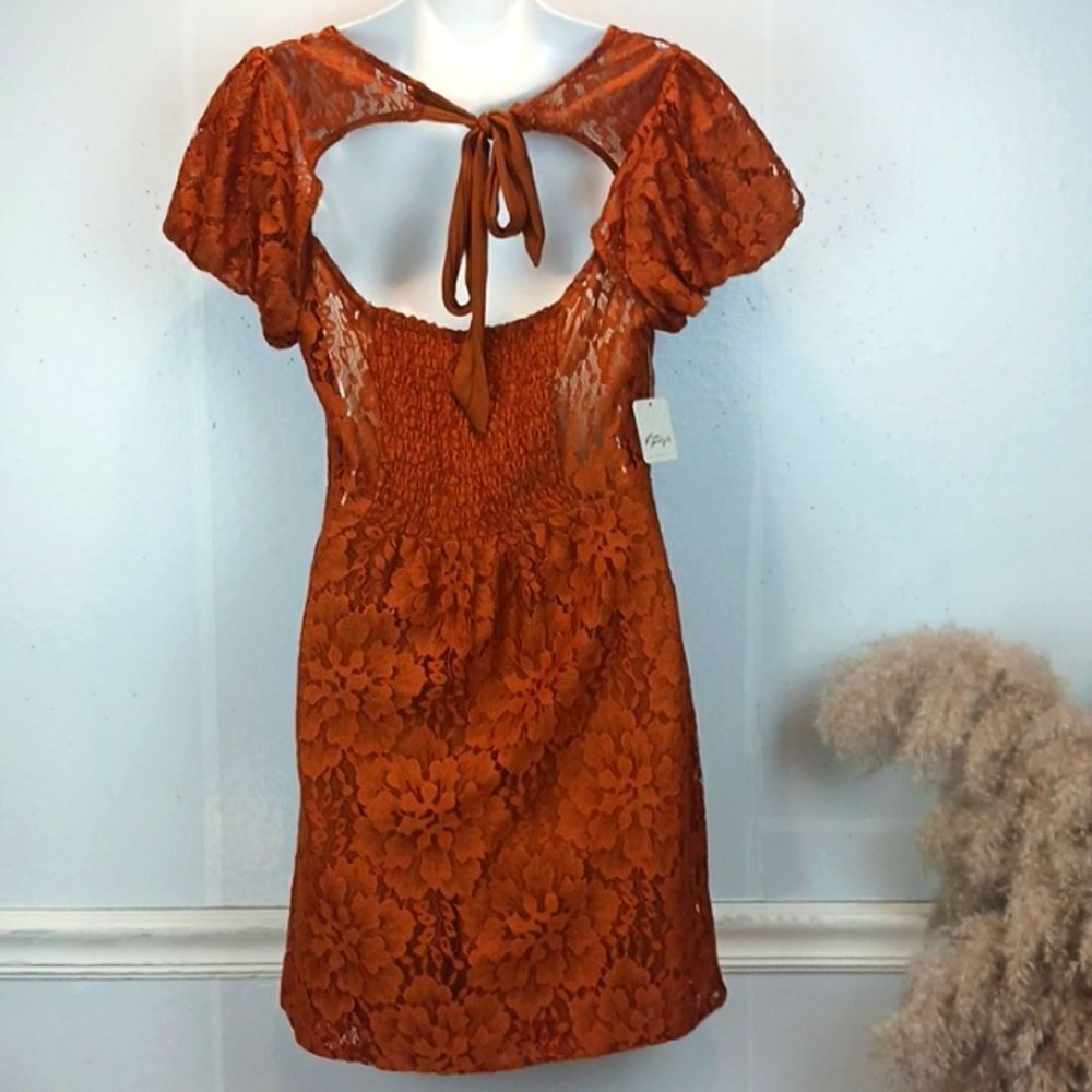Free People Hailee copper lace short puff sleeve mini dress (M) - Picture 10 of 13
